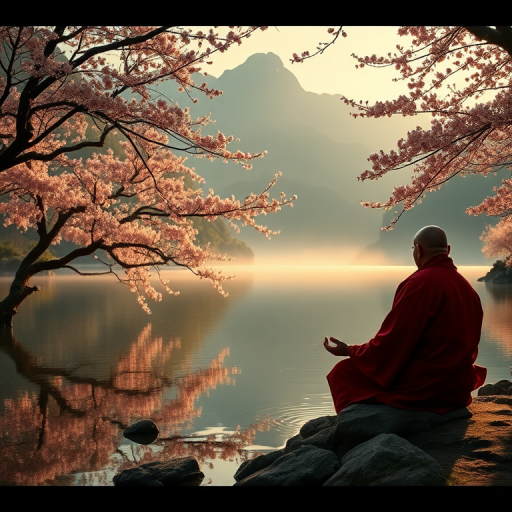 A serene scene of a wise monk in red robes meditating by a tranquil pond surrounded by blooming cherry blossom trees and mystical mountains, with soft golden lights reflected on the water, shot with a Canon EOS R5, 50mm lens, f/1.8 aperture, ISO 100, natural lighting, high dynamic range for enhanced detail.