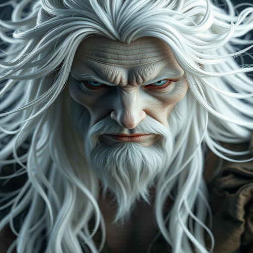Create a high-resolution 3D rendering of a mythical figure with flowing white hair and intricate facial details, shot with a Canon EOS R5 at f/1.8, ISO 100, 50mm lens, in soft studio lighting to enhance textures and features.