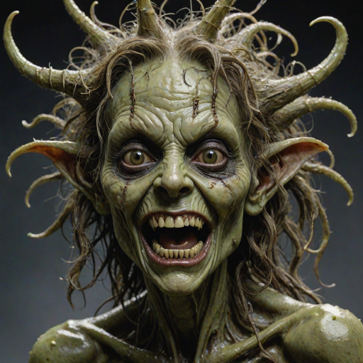 macabre style Grimacing grotesque goblin maiden, adorned with tangled grease-laden hair, her visage morphing like molten wax, numerous blemishes dot her countenance while elongated ears protrude, large warts with hair in them, encircled by sinister ferrofluid tendrils. Close-up of head, she gazes upward and sidelong, evoking awe (1.2) yet tainted by surprise (0.7). Light green skin beneath sombre rim lighting, style of Richard Corben, style of Glenn Fabry, . dark, gothic, grim, haunting, highly detailed,