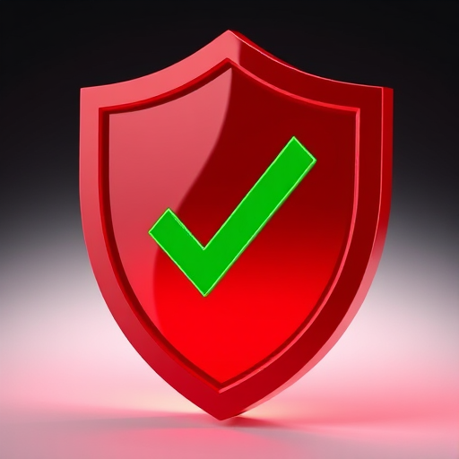 create a shiny red shield icon with a green check mark in the center, using a 50mm lens at f/2.8, ISO 100, high dynamic range, with a 3-point lighting setup and a soft-focus background to enhance image quality
