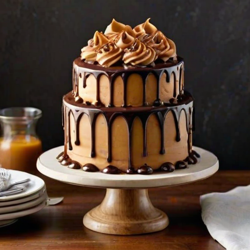 Create an image of a tall, decadent cake with layers of caramel and chocolate. The cake should be frosted with a smooth, creamy frosting and adorned with chocolate chunks and swirls of caramel on top. Drizzle caramel sauce over the sides, allowing it to drip down. Include chocolate chips scattered on the top for decoration. The setting should be a rustic wooden cake stand against a softly patterned background.