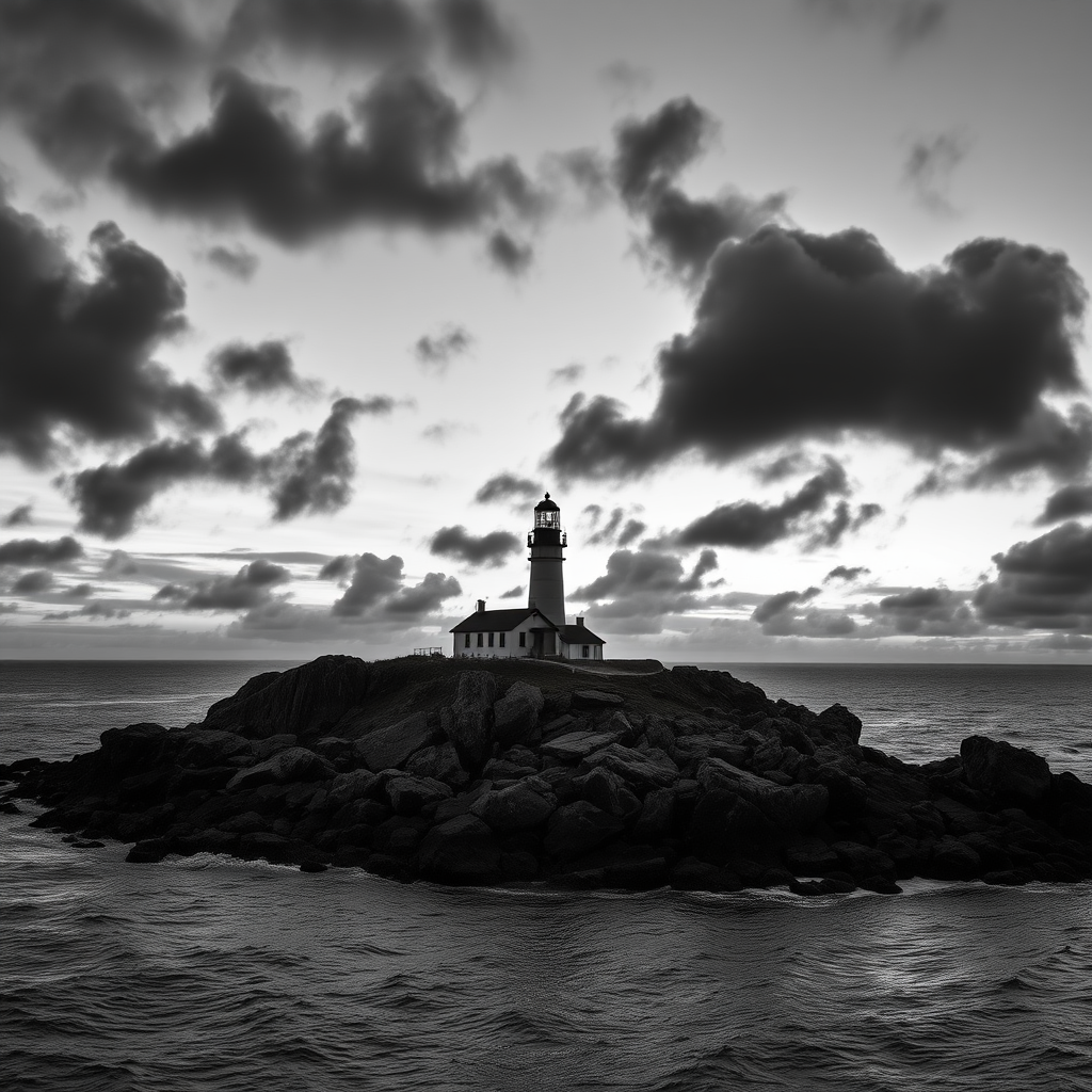 High-resolution black and white photograph of a lighthouse on a rocky island at dusk, with dramatic clouds overhead, taken with a Canon EOS R5, 50mm lens, f/8 aperture, ISO 100, 1/125 sec shutter speed, with a panoramic view for enhanced clarity and detail.