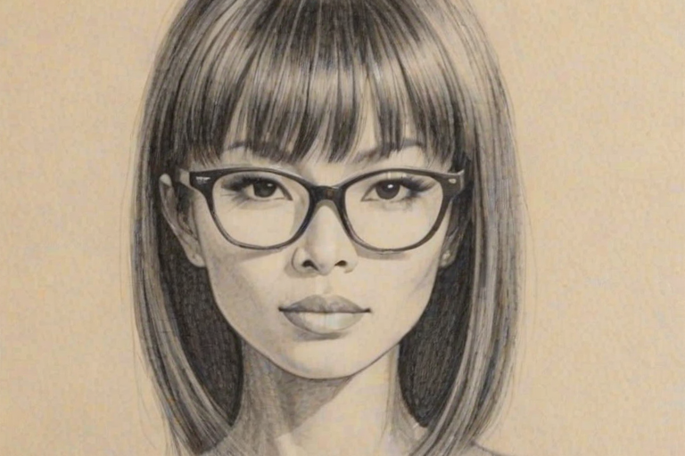 Fetching Bai Ling, pencil sketch, portrait of Superb woman 1962s in glasses, hair style beatnik, outline, clear lines, fine lines, 8k