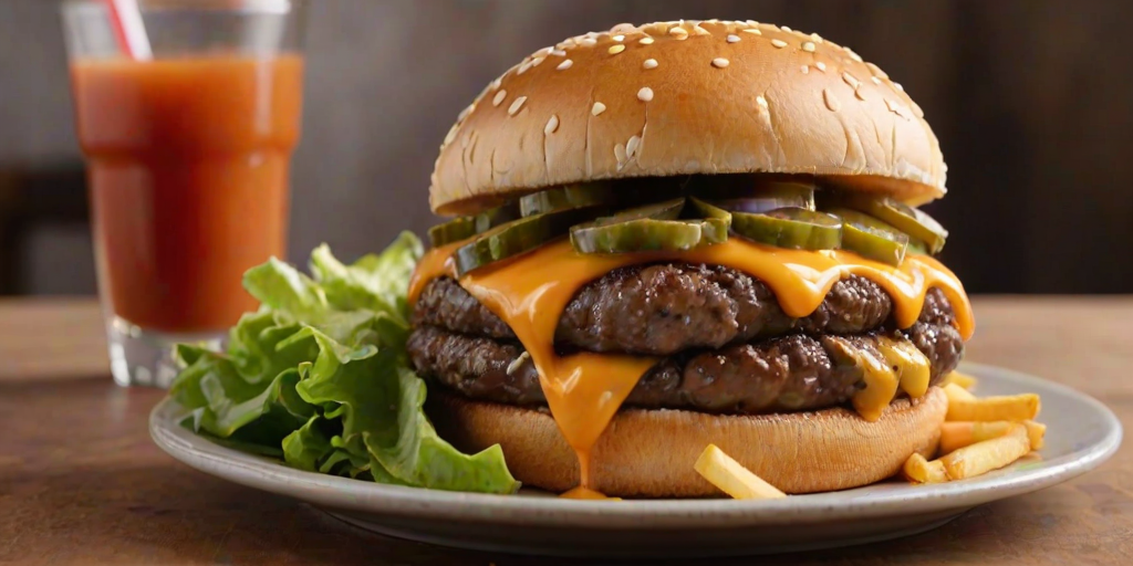 High-resolution, close-up image of a gourmet double cheeseburger. The burger features a glossy, sesame-seed-topped brioche bun. Inside, there are two thick, juicy beef patties, each topped with melted cheddar cheese. The burger is garnished with fresh lettuce, tomato slices, diced onions, and pickles. A generous amount of ketchup and a creamy, orange-colored sauce is dripping down the sides, adding to the mouth-watering appeal. In the background, there are blurred elements including a side of golden French fries and a hint of a beverage, enhancing the overall presentation of a delicious meal.