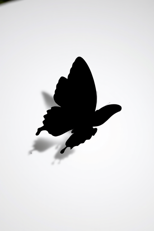 Create a high-resolution image of a stylized black silhouette of a butterfly against a white background using a DSLR camera, aperture f/2.8, shutter speed 1/125s, ISO 100, in macro view for enhanced detail.