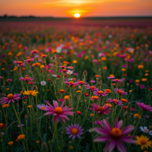 wildflower field at sunset, vibrant colors, with a soft focus effect, shot with a Canon EOS R5, 50mm lens, aperture f/1.8, ISO 100, high dynamic range, aerial view