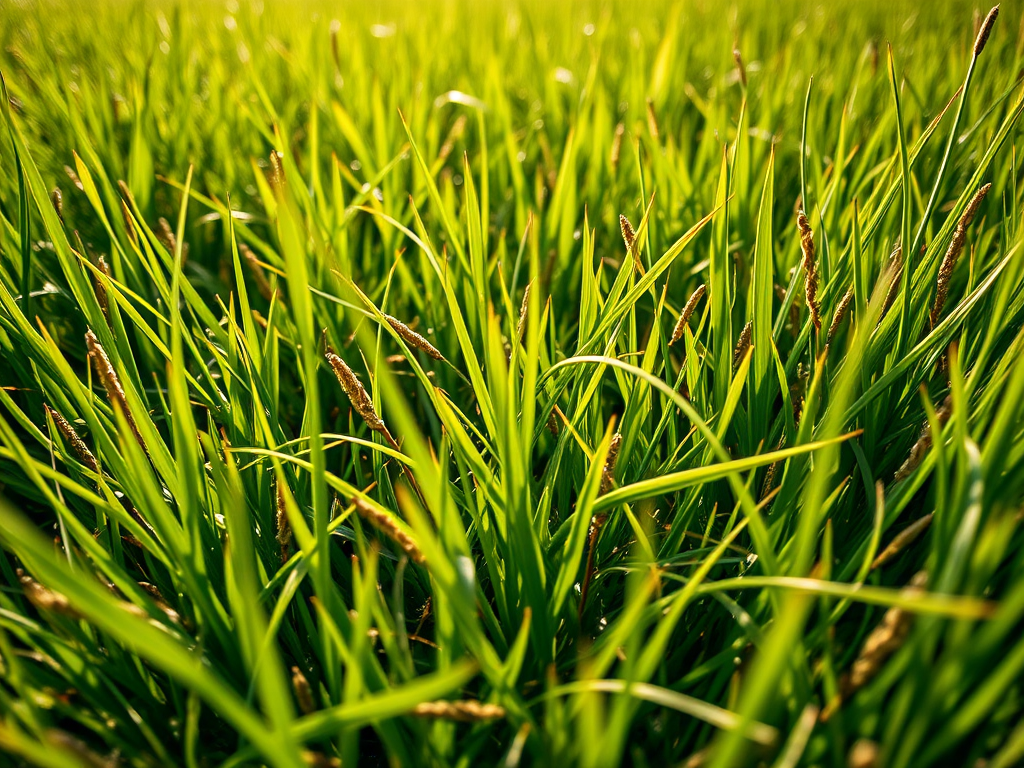 Generate a vibrant grassy field scene with a macro lens using a DSLR camera at f/2.8, ISO 100, shutter speed 1/200s, capturing intricate textures and details of the grass under natural sunlight in a wide-angle view.