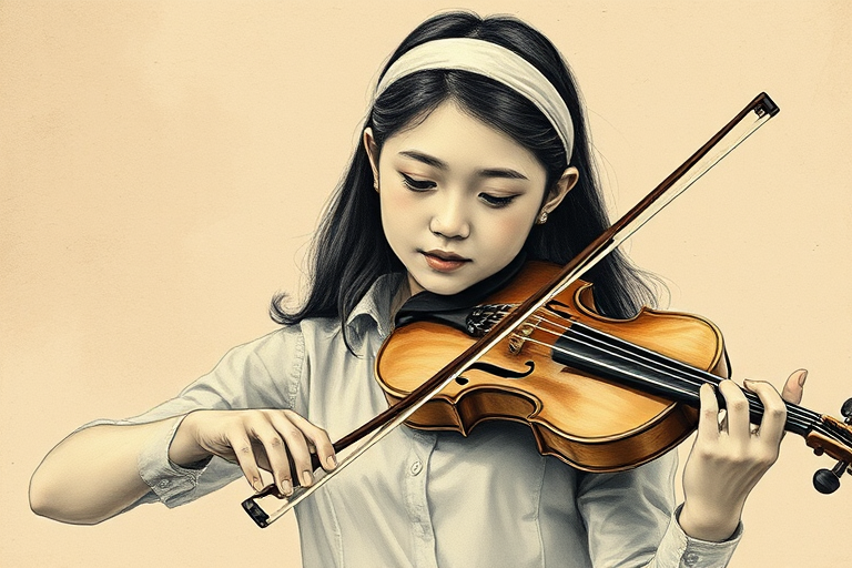 a young Singaporean woman with a white headband playing a violin, in the style of a charcoal drawing, sepia grunge background