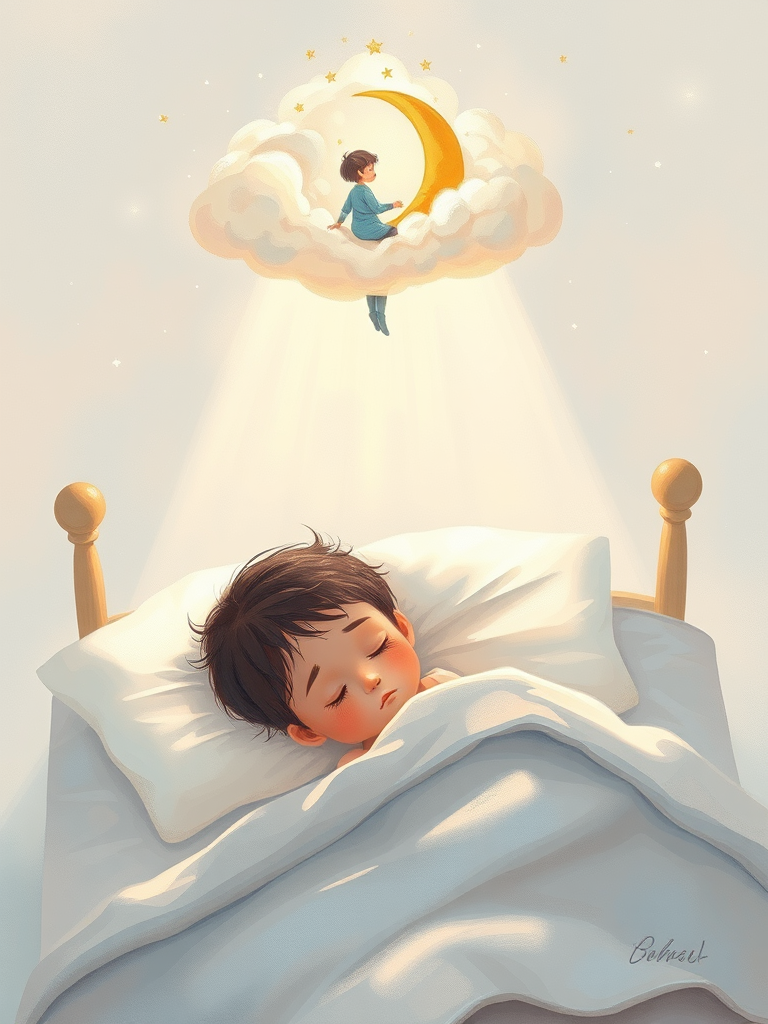 Create a whimsical illustration of a child sleeping in bed with a dreamy cloud above featuring a figure hanging from a moon, use a soft color palette, apply a digital painting style, shot from a slight bird's eye view, with high-resolution settings, focus on a light and dreamy atmosphere.
