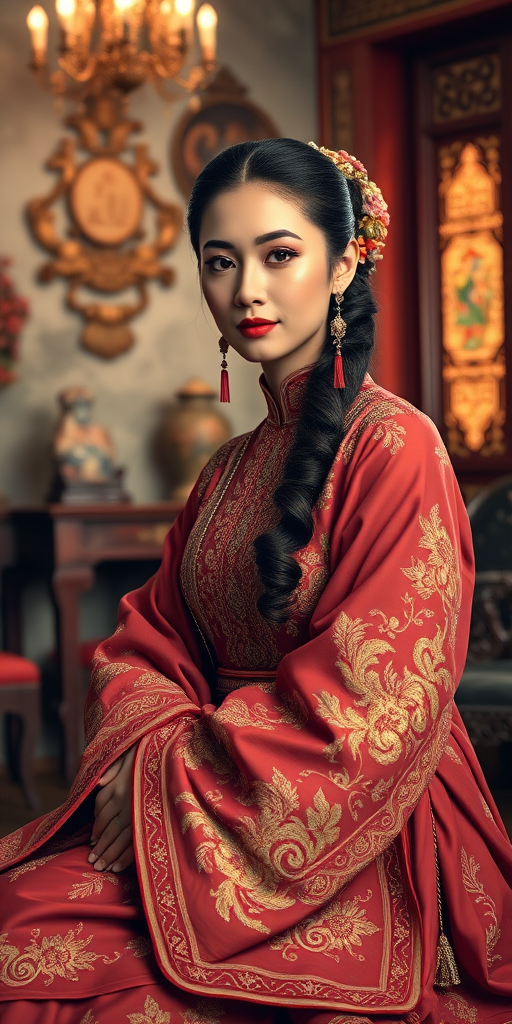A beautiful Turkish woman in traditional East Asian attire, intricately detailed with embroidered patterns, sitting gracefully in a richly decorated room, soft ambient lighting, serene and elegant, ultra-realistic, 8K resolution