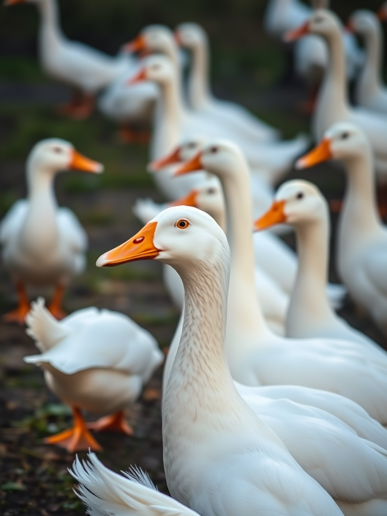 Capture a lively scene of white ducks gathered together in a natural setting, with soft focus on the foreground, using a Canon EOS 5D Mark IV, 50mm lens, aperture f/2.8, ISO 200, natural lighting, and a slight bokeh effect to enhance depth.