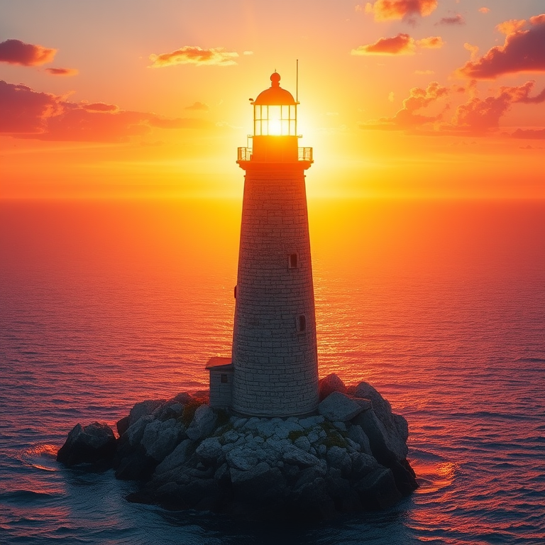 Generate an image of a tall lighthouse perched on a rocky outcrop surrounded by calm ocean waters during a breathtaking sunset. The lighthouse stands sturdy and weathered, its stone surface illuminated by the warm golden light of the setting sun. The sun's rays pass directly through the glass lantern room at the top of the lighthouse, casting a brilliant light across the scene. The sky is painted with vibrant shades of orange, pink, and purple, reflecting off the tranquil sea. The surrounding water shimmers with the same warm hues, creating a serene and majestic atmosphere.