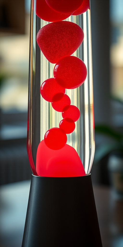 Capture a close-up shot of a lava lamp with vibrant red bubbles rising in clear liquid, using a Canon EOS R5 camera, 50mm lens, f/1.8 aperture, 1/60s shutter speed, and ISO 100, with a soft focus background and natural lighting to enhance the colors and details.