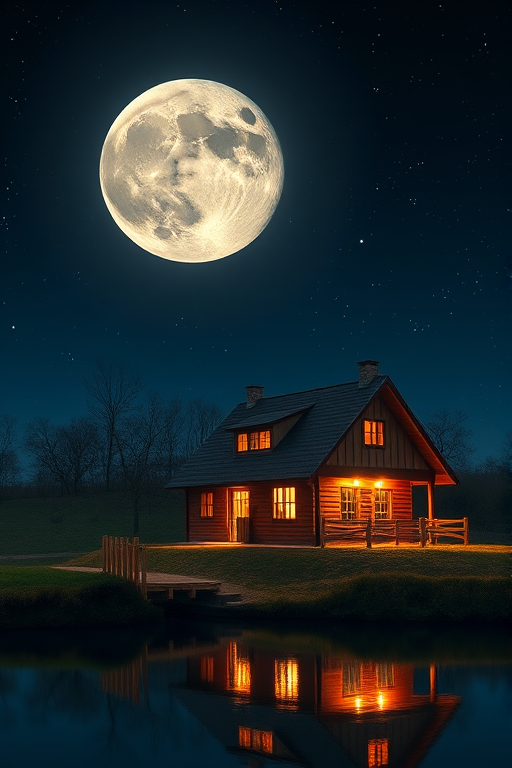 Generate a high-quality image of a quaint wooden house illuminated by warm lights, situated near a calm pond reflecting the house, under a large, vivid full moon in a starry night sky, using a DSLR camera with a 24mm lens, aperture f/2.8, ISO 400, shutter speed 20 seconds, and a low-angle view to capture the majestic moon and the tranquil scene.