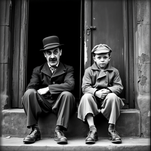A black-and-white photograph of a man and a child sitting on steps in front of a doorway. The man is dressed as a tramp with a bowler hat, mustache, and ragged clothes, reminiscent of Charlie Chaplin's iconic look. He is sitting with his arms crossed and an expression of slight sadness or frustration. Next to him is a young boy, also in worn clothes and a cap, sitting with his hands clasped, looking thoughtful. The background is an old, textured wall and a partially open door, creating a vintage, early 20th-century atmosphere.
