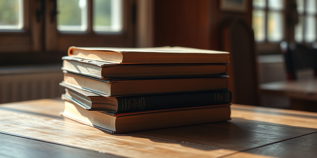 Softly lit image of a stack of old books on a wooden table, their pages yellowed with age, with soft natural light from a nearby window casting gentle shadows and creating a sense of nostalgia.