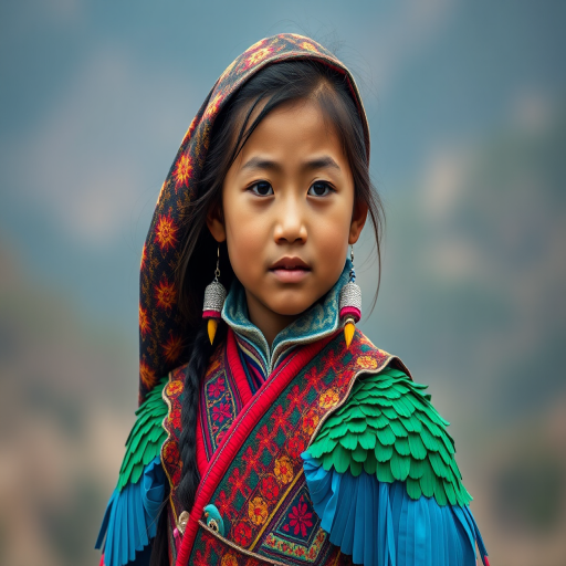 A beautiful Tibetan girl, wearing colorful bird clothing with vibrant colors