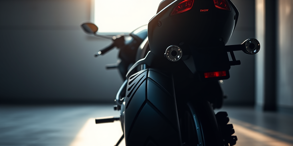 high-resolution image of a black motorcycle from a low-angle rear view, with soft lighting to enhance the curves, aperture f/4, shutter speed 1/200s, ISO 100, DSLR camera for sharp detail