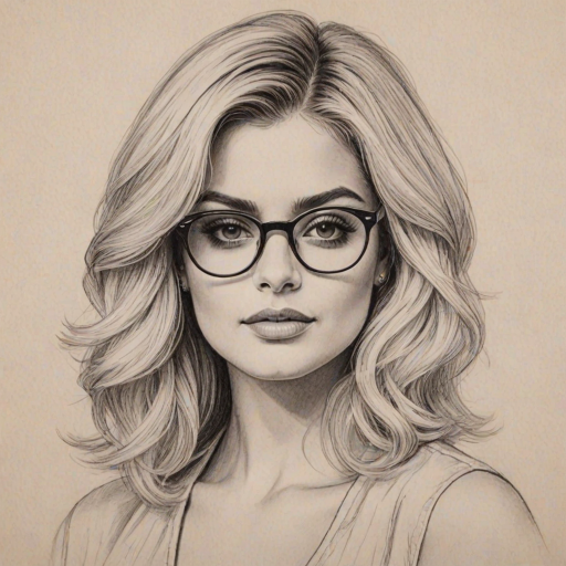 Magnificent Bebe Rexha, pencil sketch, portrait of Bewitching woman 1976s in glasses, hair style beatnik, outline, clear lines, fine lines, 8k