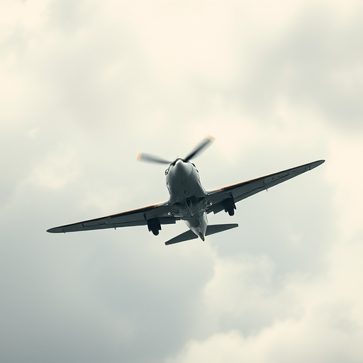 capture a vintage airplane flying directly towards the camera against a cloudy sky, use a shallow depth of field with f/4 aperture, ISO 100, shutter speed 1/500s, taken with a DSLR camera in landscape orientation with a 24-70mm lens for enhanced clarity and detail