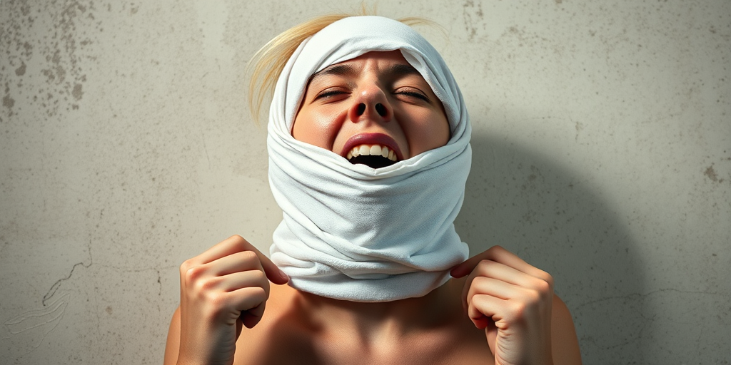 Create a close-up photographic image of the head and torso of a person with light skin tones shown against an old, worn wall. Their head is wrapped in a white cloth covering (i.e.... parts of the head except the nose and mouth, which are open as if they are screaming...), with a slight texture and visible folds in the fabric. Thin strands of blonde hair escape from the wrapping above, falling lightly at the top and sides. Their hands hold the fabric as if they are tugging nervously. The lighting is dramatic and even, casting strong shadows. The image has a minimalist and surreal style with an emphasis on simplicity with soft color tones. The composition is centered.