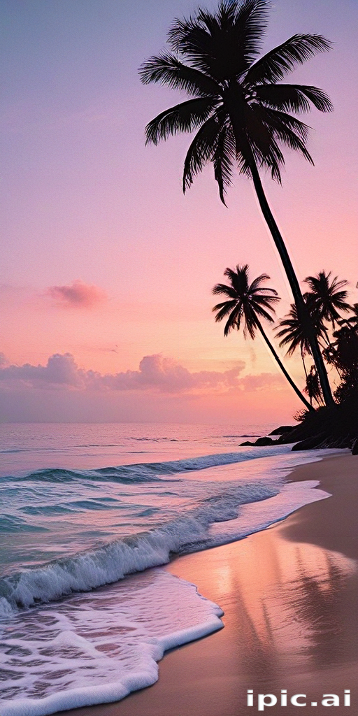 Serene Sunset Over Tranquil Beach with Palm Trees and Gentle Waves