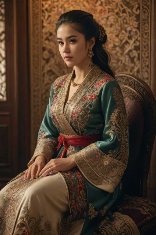 A beautiful Turkish woman in traditional East Asian attire, intricately detailed with embroidered patterns, sitting gracefully in a richly decorated room, soft ambient lighting, serene and elegant, ultra-realistic, 8K resolution
