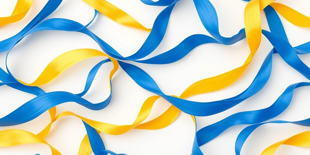 generate a high-resolution image of a seamless pattern featuring flowing ribbons in blue and yellow on a white background, using a Canon EOS R5 with a 50mm f/1.2 lens, aperture set to f/5.6, shutter speed 1/200s, and ISO 100, captured from a top-down view in natural light.