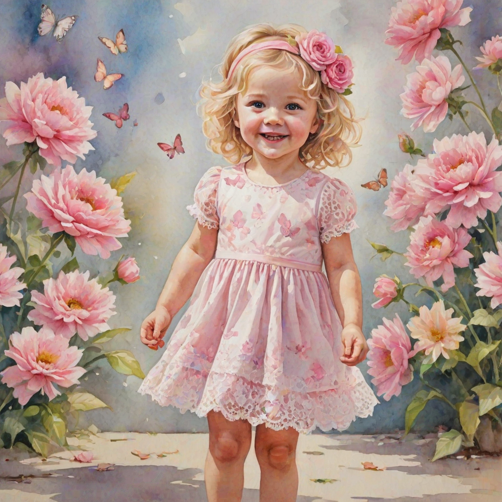 hyperrealism happy smiling toddler girl with messy wavy blonde hair with a headband, she is wearing a pink and white lace dress with pink and white shoes, she is holding a pink bouquet of flowers. Pink flowers and butterflies. summer background. Watercolor Highly detailed