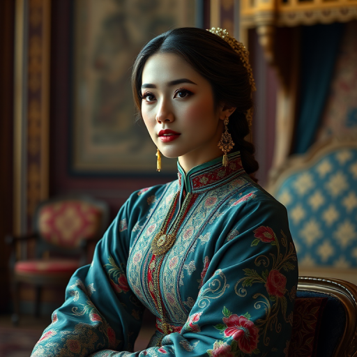 A beautiful Afghan woman in traditional East Asian attire, intricately detailed with embroidered patterns, sitting gracefully in a richly decorated room, soft ambient lighting, serene and elegant, ultra-realistic, 8K resolution