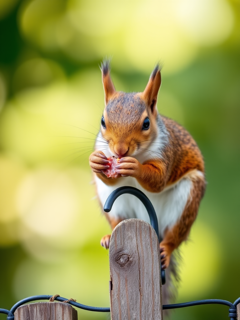 Capture a close-up shot of a squirrel eating, perched on a fence hook, with a blurred background using a DSLR camera, aperture f/2.8, 1/200 sec shutter speed, ISO 400, natural lighting.