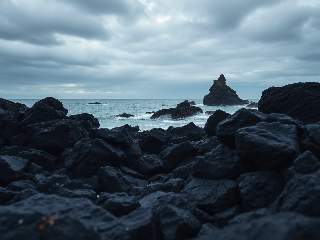 Capture a dramatic seascape featuring rugged black rocks under a cloudy sky with soft lighting, using a DSLR camera at f/8 aperture, ISO 100, 24mm focal length, and a shutter speed of 1/125 sec, shot from a low angle to enhance texture and depth.
