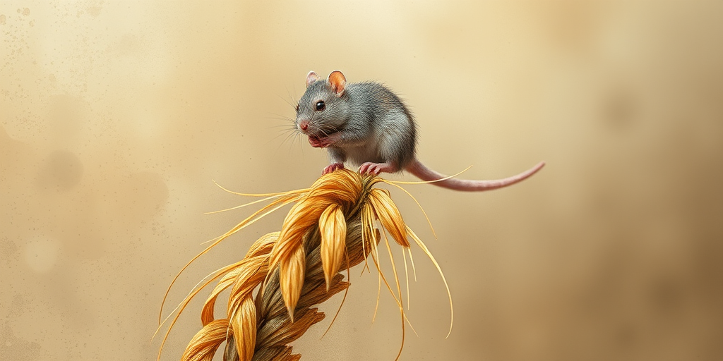 Soft, muted Alcohol Ink with ebru effect background image of tiny whimsical rat, who climbed high on the top of a golden rye ear.