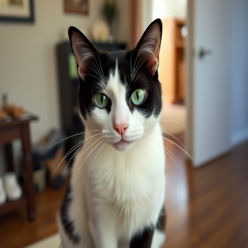with its eyes slightly narrowed and its mouth slightly open, adding to its alert and attentive demeanor. The cat is sitting on a surface that appears to be a table or desk, piercing blue, round green eyes and a pink nose, ucat, A photograph captures a white and black cat sitting on a wooden floor in a cozy room. The cat has large