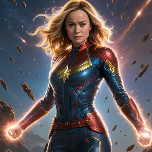 Powerful image of Brie Larson, Captain Marvel's cosmic hero, with her determined expression and glowing fists, soaring through a star-filled galaxy, leaving a trail of energy in her wake as she battles alien spaceships
