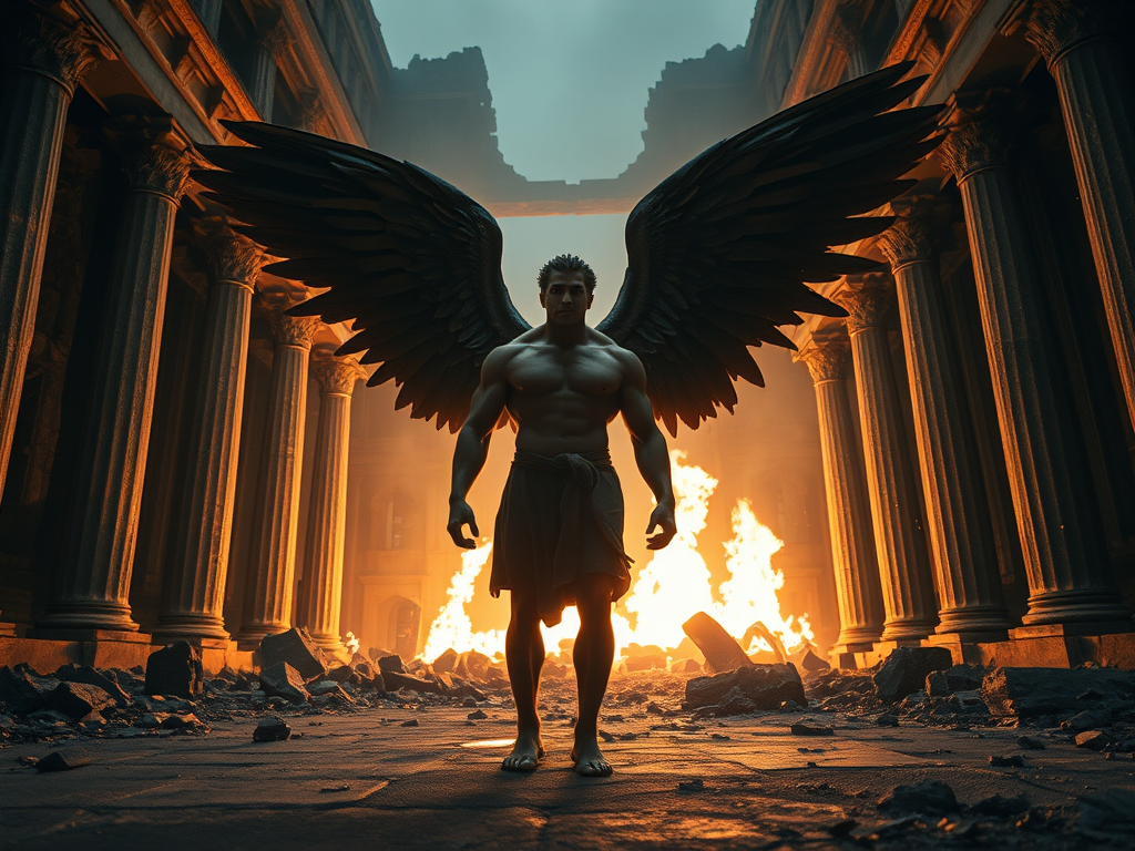 A muscular angelic figure with large dark wings standing in a ruined temple with flames in the background, captured using a DSLR camera, 50mm lens, f/1.8 aperture, ISO 200, low angle view, dramatic lighting to enhance the ethereal atmosphere.