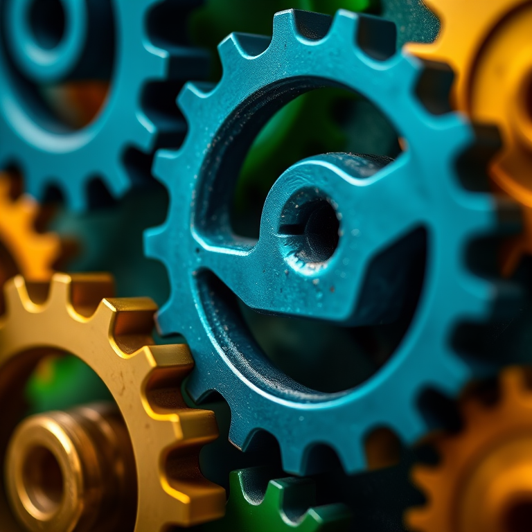 Create an image of interlocking gears in multiple colors like blue, green, and gold, with a focus on detail and texture, using a macro lens, 50mm, f/2.8 aperture, ISO 100, with soft lighting to enhance highlights and shadows.