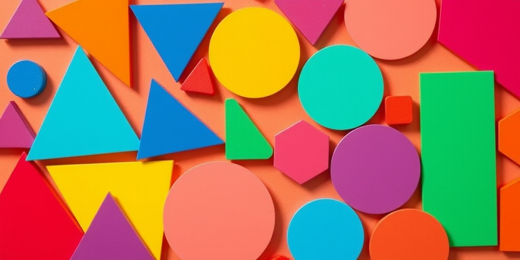 Create a vibrant and colorful group of geometric shapes including triangles, circles, and rectangles in a playful arrangement, captured using a DSLR camera with a 50mm lens at f/2.8, ISO 100, using a shallow depth of field in natural daylight for enhanced clarity.