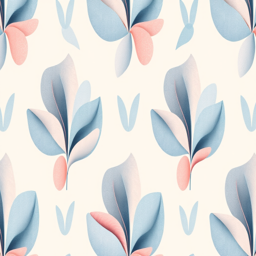 Create a seamless pattern of abstract botanical shapes with soft curves and organic forms, using a pastel color palette of blue and pink set against a light beige background, shot with a Canon EOS R5, 50mm lens, f/8 aperture, using a macro photography style to capture intricate details and smooth texture.