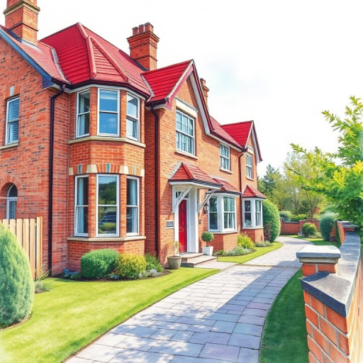 regenerate a colorful illustration of a detailed brick house with a red roof, large windows, and a stone pathway, captured in bright, natural lighting using a DSLR camera at f/8 aperture, ISO 100, 35mm lens, taken from a slightly elevated angle to enhance depth, in vibrant watercolor style.