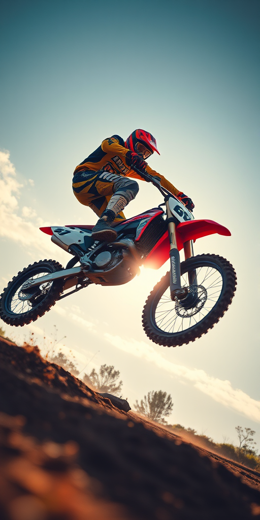 Create an action-packed image of a motocross rider performing a wheelie on a dirt bike, captured with a Canon EOS R5, 50mm lens, f/2.8 aperture, 1/1000s shutter speed, ISO 200, with a dynamic low-angle perspective, bright colors, and crisp detail against a blurred background for enhanced depth of field.