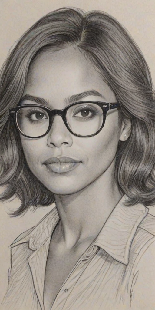Charming Monica Raymund, pencil sketch, portrait of Fascinating woman 1973s in glasses, hair style beatnik, outline, clear lines, fine lines, 8k