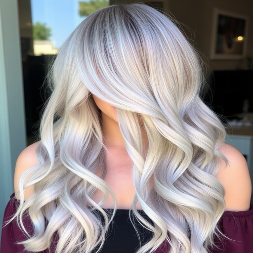 Ethereal hair style presenting waist-length silver-gray strands styled in loose mermaid waves with subtle metallic accents