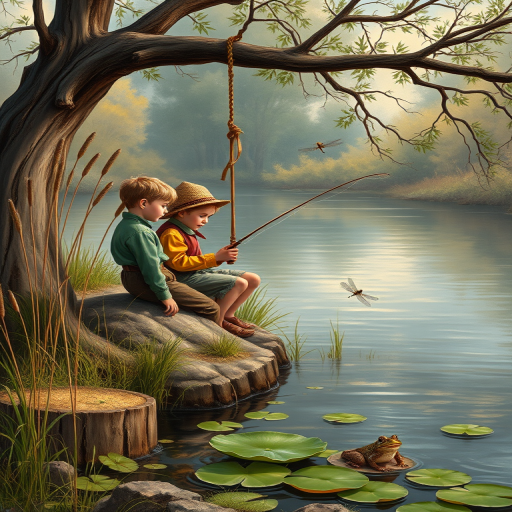 Imagine a small group of old fashioned young boys out fishing by the creek, a swing hanging from a tree branch, reeds and grasses by the water's edge, a frog sitting on a lily pad, dragonflies hovering over som water plans, a very iconic old fashioned scene reminiscent of a Norman Rockwell painting style