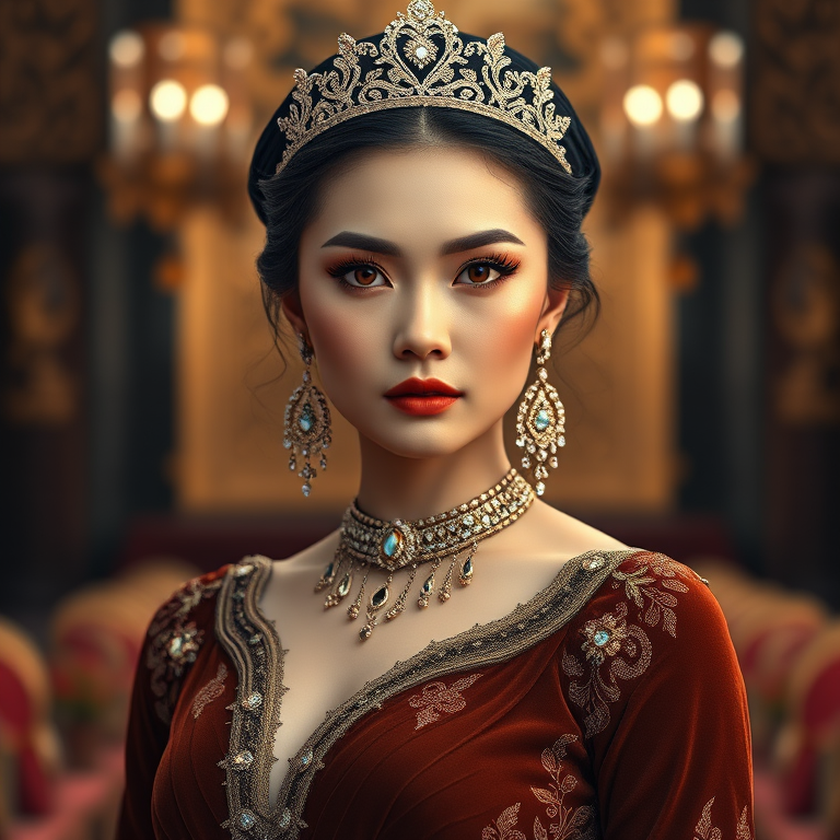 A gorgeous Hmong woman in a luxurious brown gown, accessorized with a dazzling tiara and statement earrings, her deep red eyes highlighted by impeccable makeup, poised in a royal setting, photorealistic, 8K quality