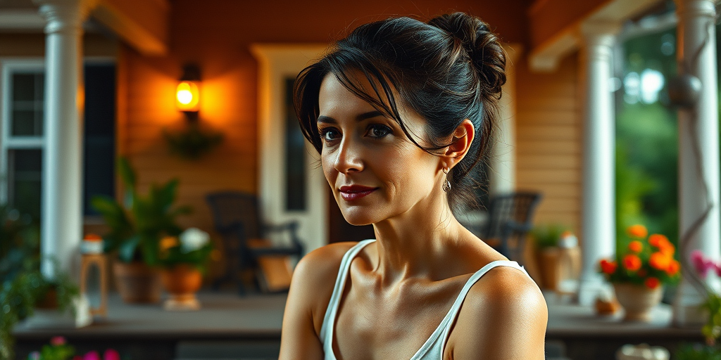 A photo of Jodie Foster with a background of a cozy porch. She has dark hair pulled back in an updo, with tendrils framing her face. She wears a white tank top and sits on the porch. The porch is part of a well-lit home with a warm, earthy tone and colorful flowers and foliage. The overall scene has a warm, welcoming, and comfortable ambiance.