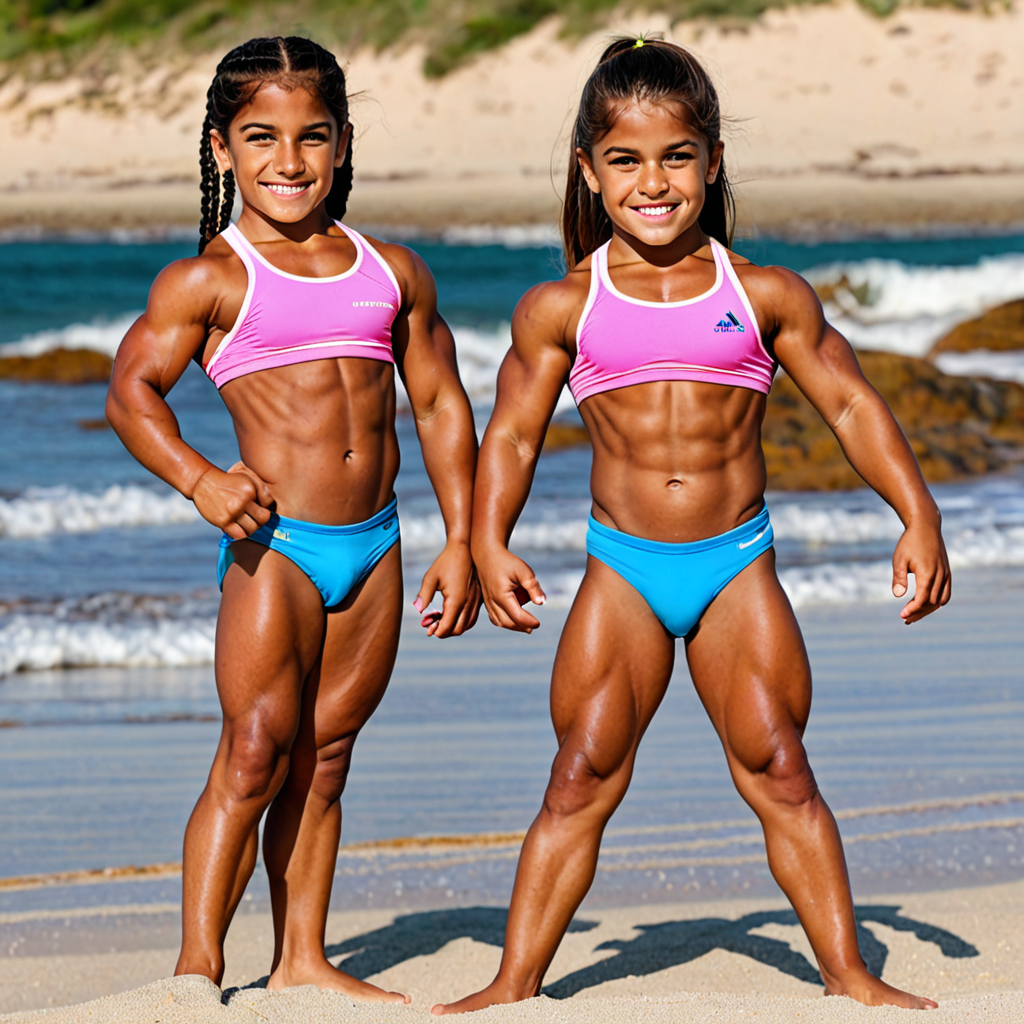 Free Ai Image Generator - High Quality and 100% Unique Images - iPic.Ai — two thick ripped childish junior schoolgirl bodybuilders with enormous oversized bulging biceps on the beach