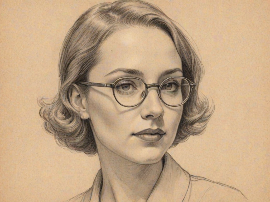 Captivating Alicia Goranson, pencil sketch, portrait of Wonderful woman 1932s in glasses, hair style beatnik, outline, clear lines, fine lines, 8k