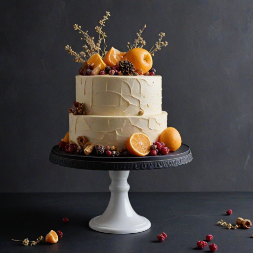 Create an elegant cake with a smooth, neutral-colored frosting. Decorate the top with dried flowers and fruit, focusing on a sophisticated arrangement. Use a simple yet modern cake stand and set the cake against a dark background to enhance its features. Make sure the overall composition is visually striking and artistic.
