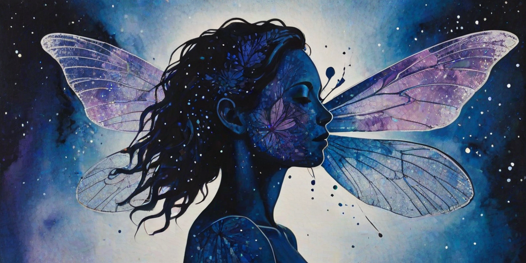 Captivating conceptual render alcohol ink art, double exposure, the paint strokes artfully merge combining a woman's full silhouette with a Delicate dragonfly's silhouette. The figures are composed of a series of colored dots, lines & spots that evoke the image of a cosmic galaxy, colors are deep shades of blue purple & black with flashes of white & silver representing distant stars. The woman's silhouette is formed within the lion's silhouette from constellations of scattered stars, surreal